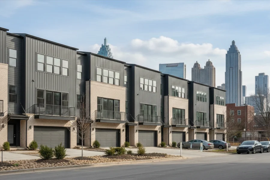 A row of attached three story townhomes along a street, with a city skyline behind them