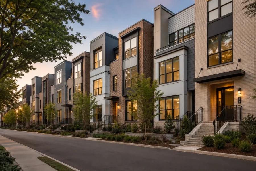 Modern townhomes in brick and dark cladding along a street at dusk