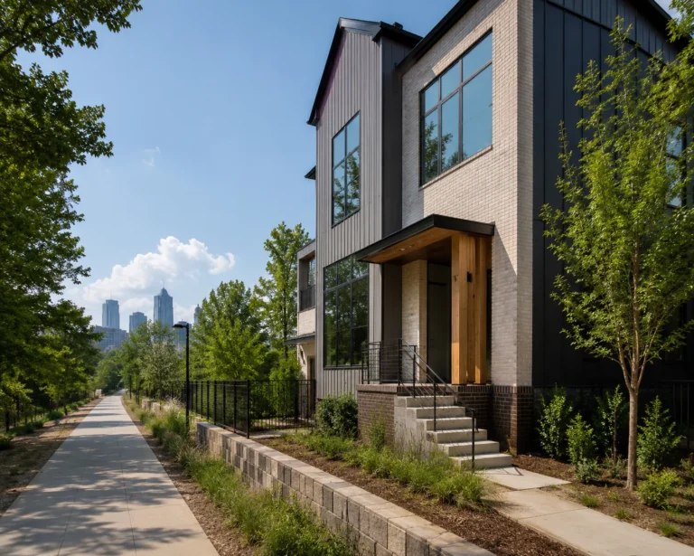 A modern townhouse beside a paved trail with the city skyline in the distance