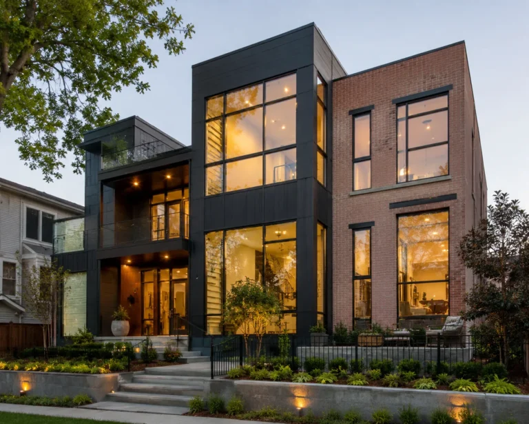 A modern three-storey townhouse with dark siding and brick, its large windows lit at dusk