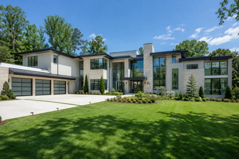 A modern white and glass house with a three-car garage and a wide front lawn