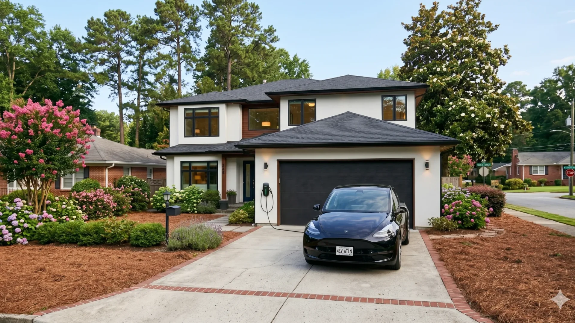 A modern white house with a dark garage door and a car on the drive