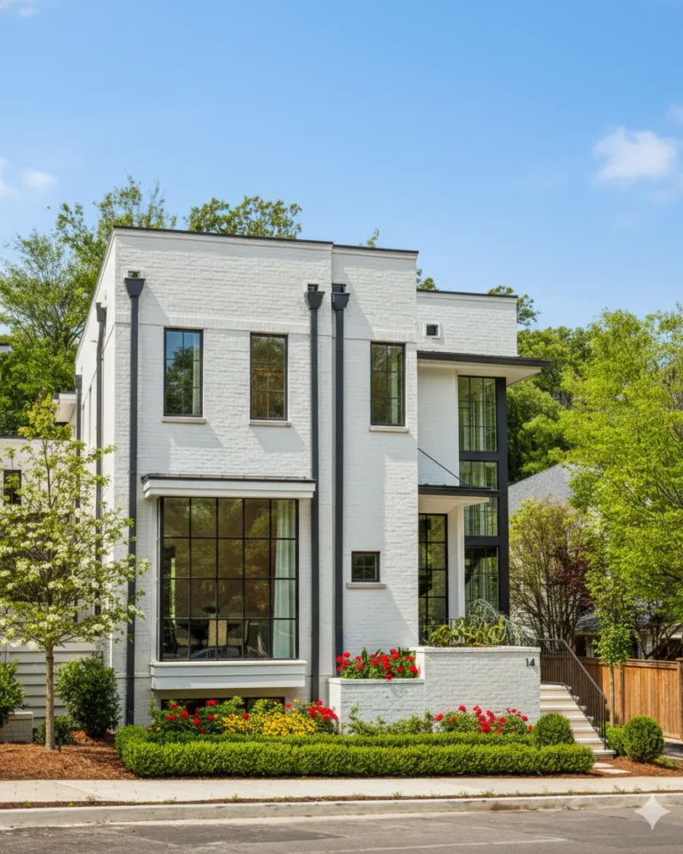 A modern white house with a double height window on a corner lot