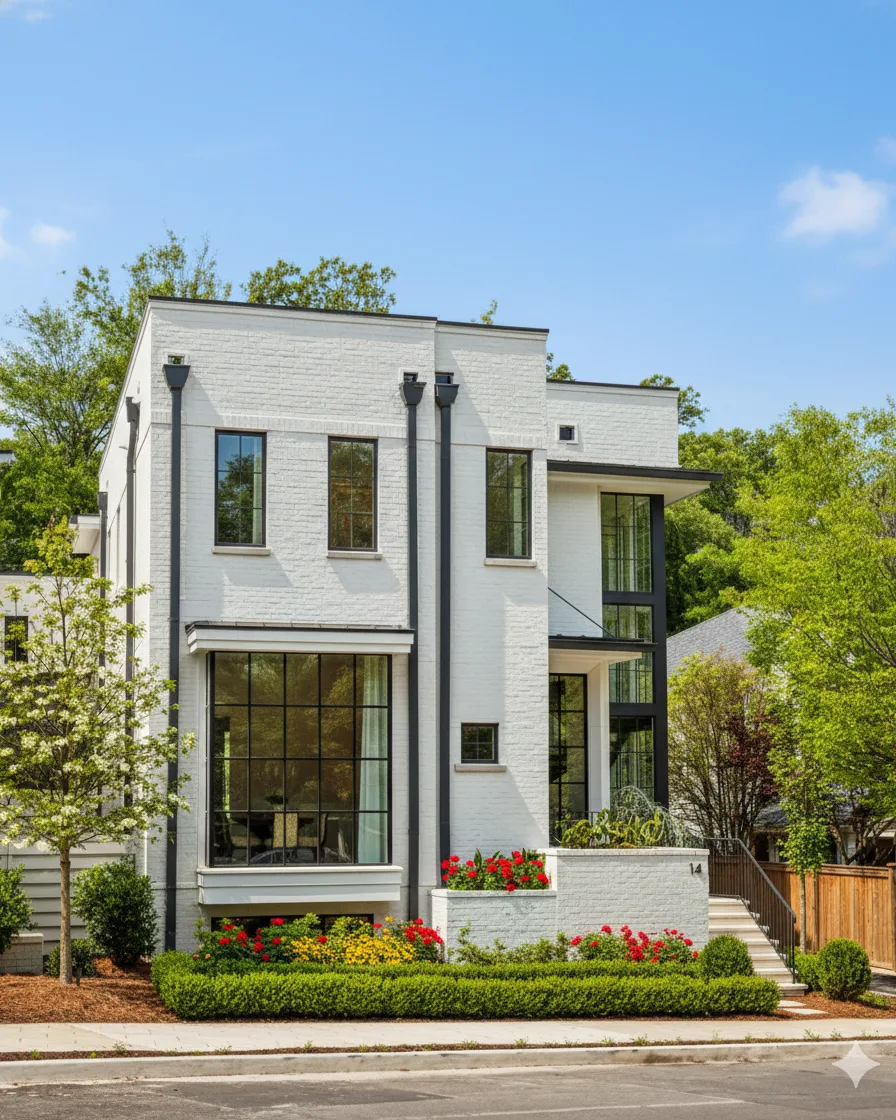 A modern white house with a double height window on a corner lot