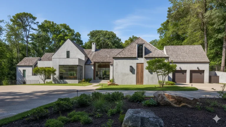 A modern white stucco house with a wood front door and a separate garage