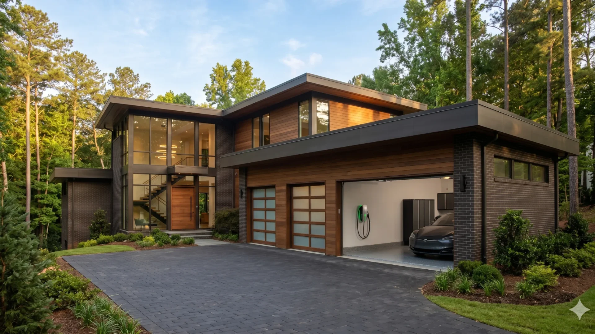 A modern wood-clad house with a carport and a wide paved drive
