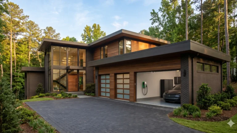 A modern wood-clad house with a carport and a wide paved drive