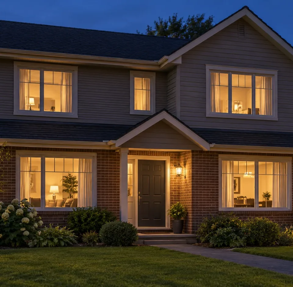 A two story home at dusk with warm light in the windows