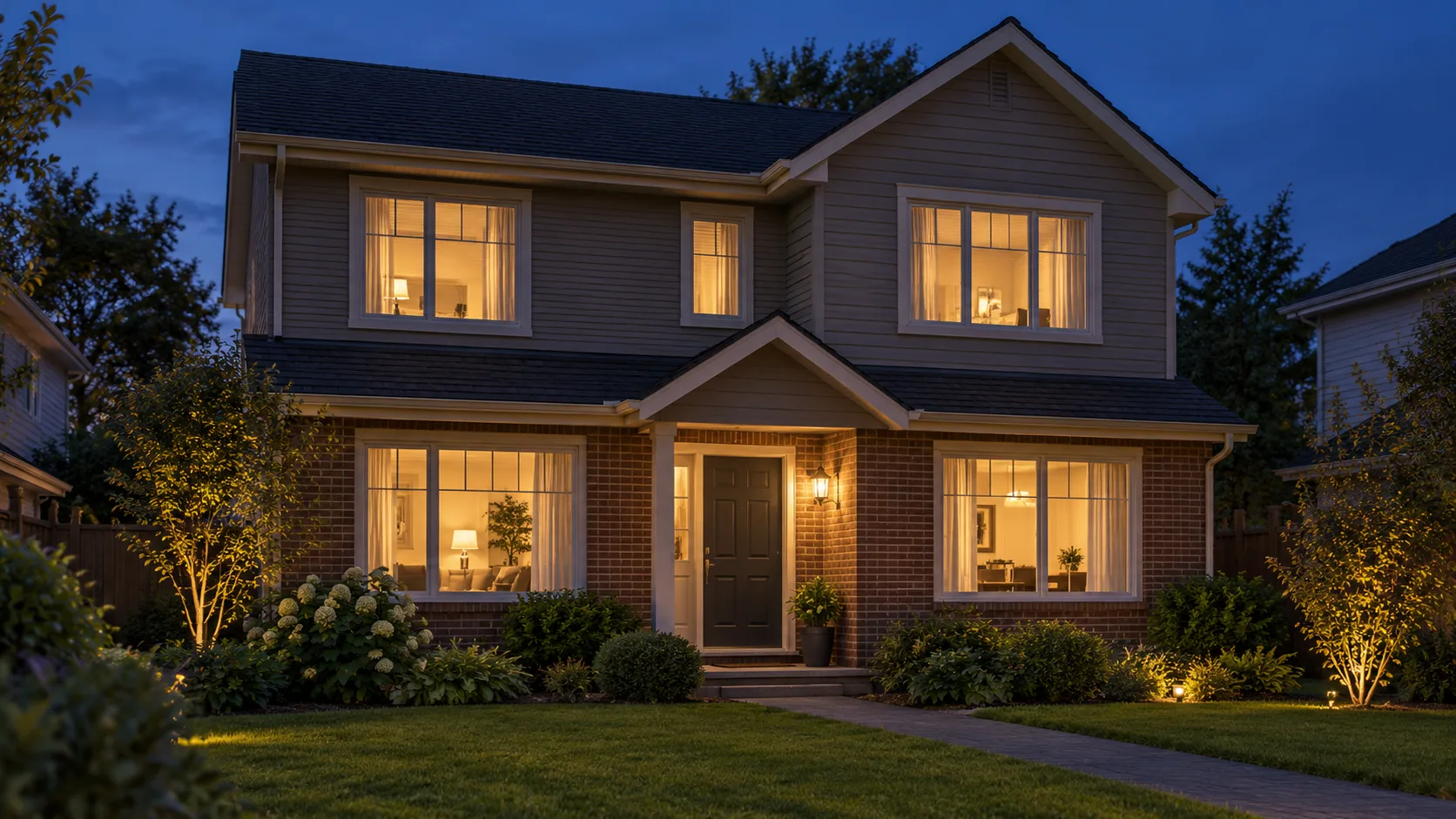 A modest two storey home at dusk seen from the front garden, every window warmly lit from inside and a single porch lamp burning against a deep indigo evening sky