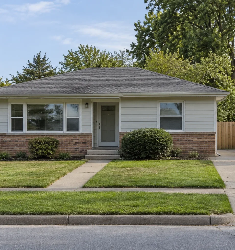 A modest single story house in pale siding