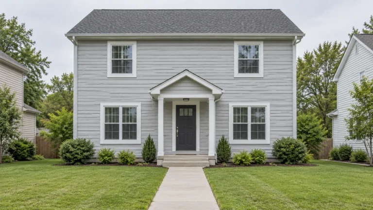 A modest two storey house with plain light grey siding and a small covered stoop, photographed straight on from the end of its front walk in flat overcast light