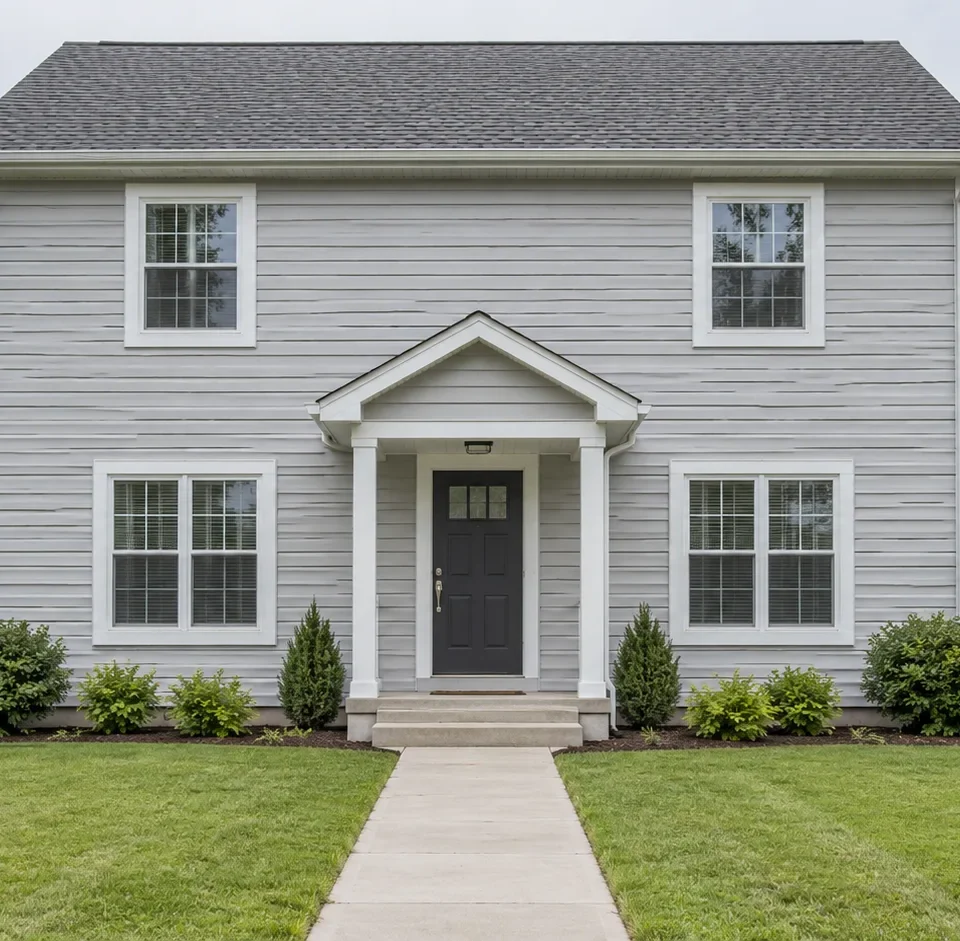 A modest two story house with light grey siding and a small covered stoop