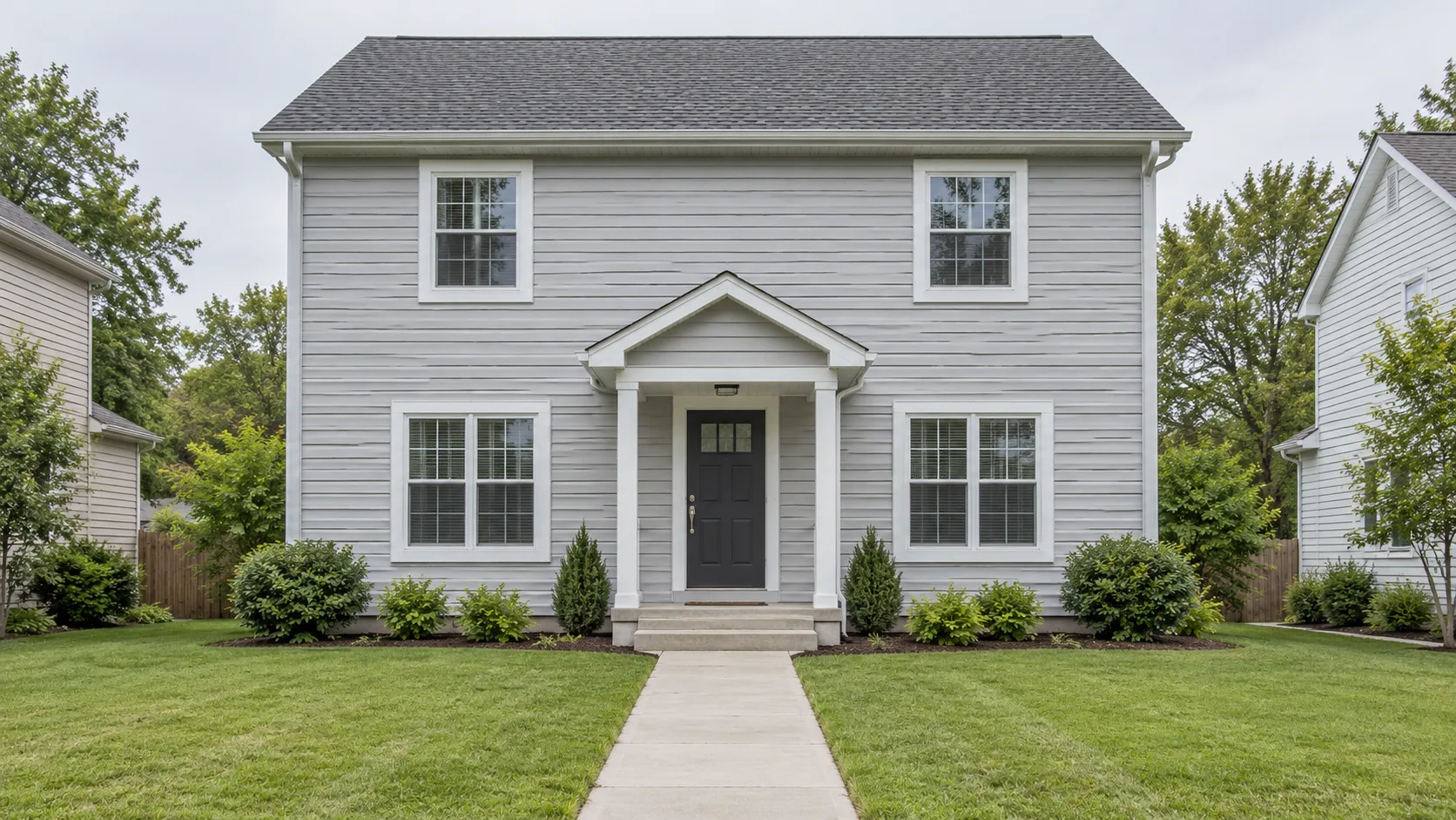 A modest two storey house with plain light grey siding and a small covered stoop, photographed straight on from the end of its front walk in flat overcast light