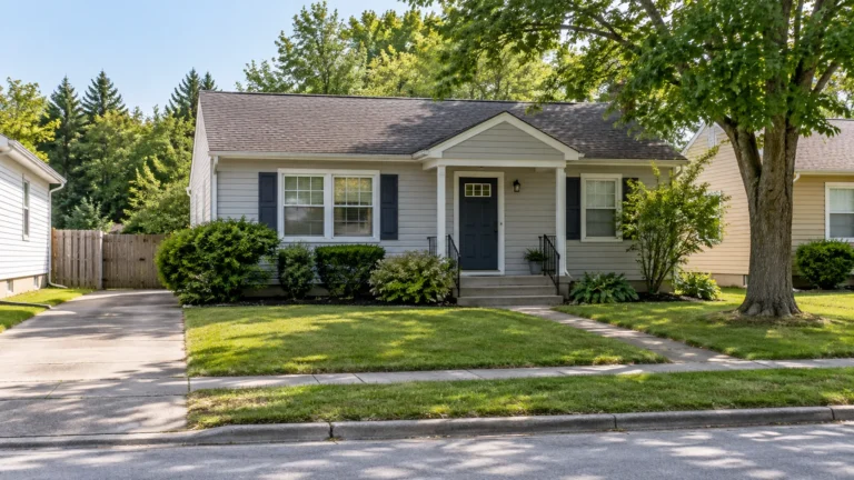 A small well kept single storey house with pale siding, a covered front stoop and a trimmed lawn on an ordinary residential street in summer daylight