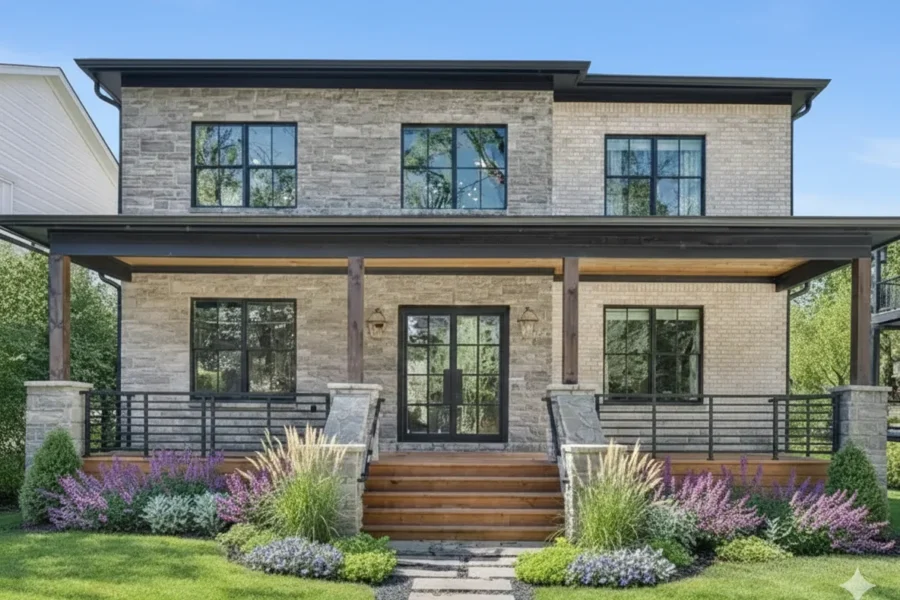 Grey brick and timber modern with a deep porch and ornamental grasses