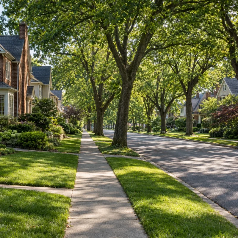 A tree lined residential street of brick and shingle houses with deep front lawns and a continuous pavement, seen along the street under a heavy dappled canopy