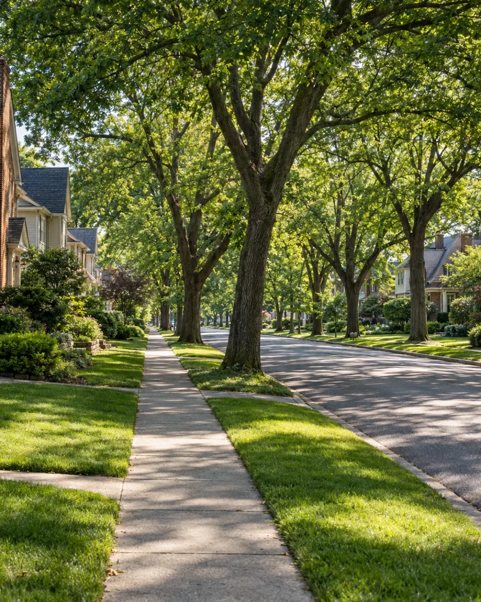 A tree lined residential street of brick and shingle houses