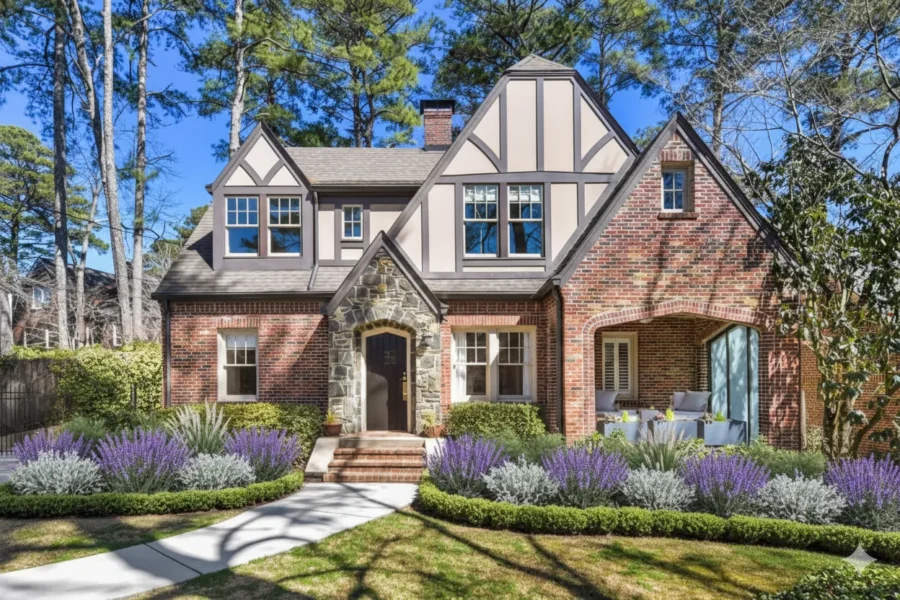 Grey and brick Tudor cottage with a steep gable and a stepped walk