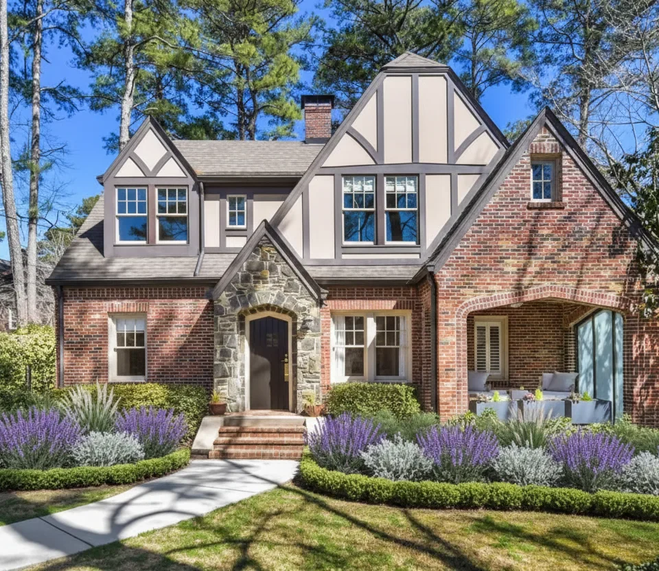 Grey and brick Tudor cottage with a steep gable and a stepped walk