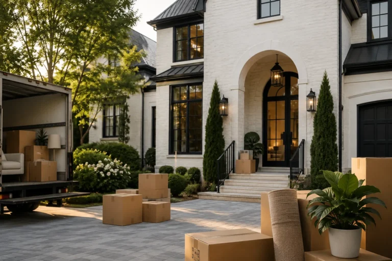 A moving truck and stacked boxes on the drive of a white brick house