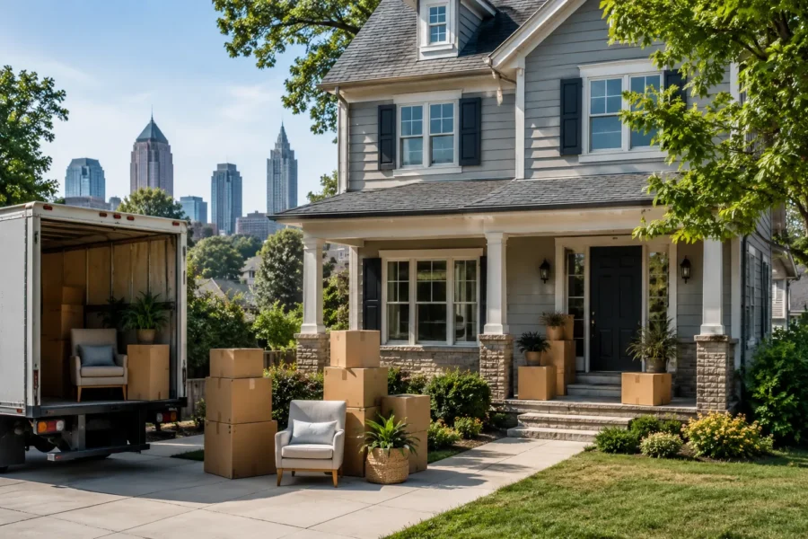 A moving truck unloading boxes and furniture at a two-storey house