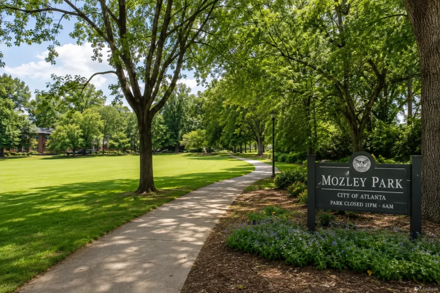 The entrance to Mozley Park with its stone sign and a paved path running under mature trees