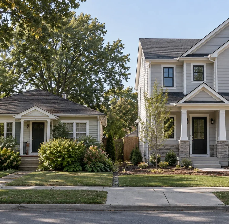 An older modest single story house with mature planting