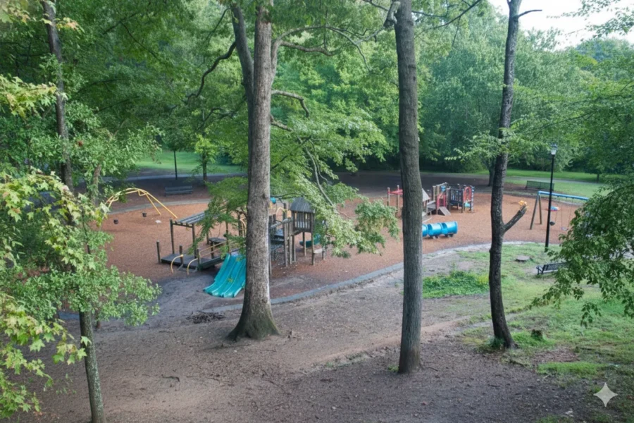 Neighborhood playground with slides and climbers under tall trees
