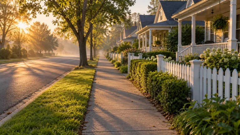 An early morning view along a neighbourhood sidewalk, with well kept cottages and freshly painted porches behind low hedges and picket fences on one side and the empty street on the other