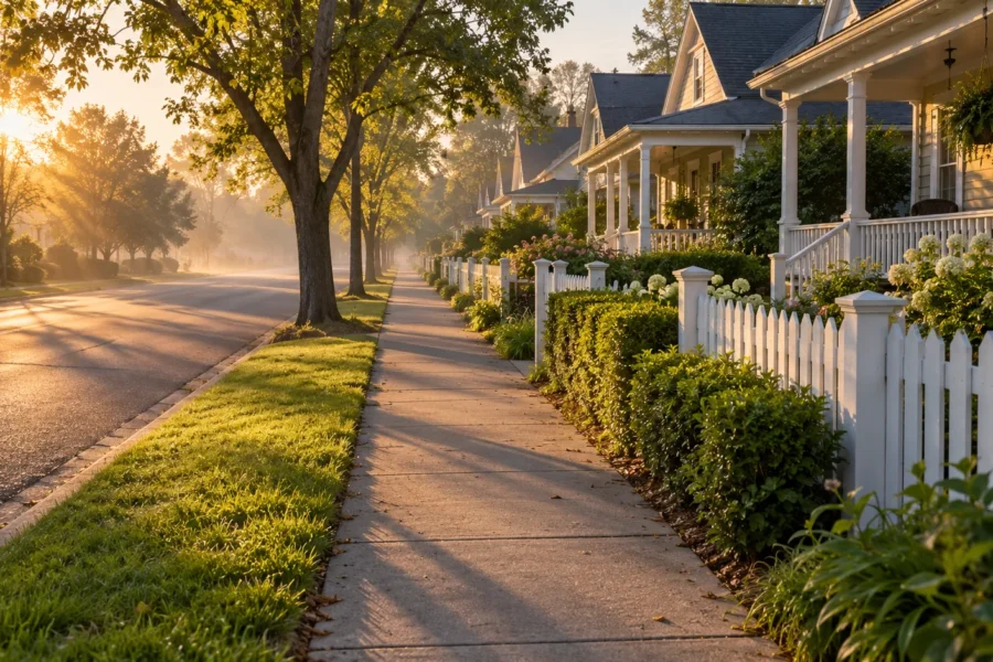 An Edgewood sidewalk in early morning light, with cottage porches behind low hedges