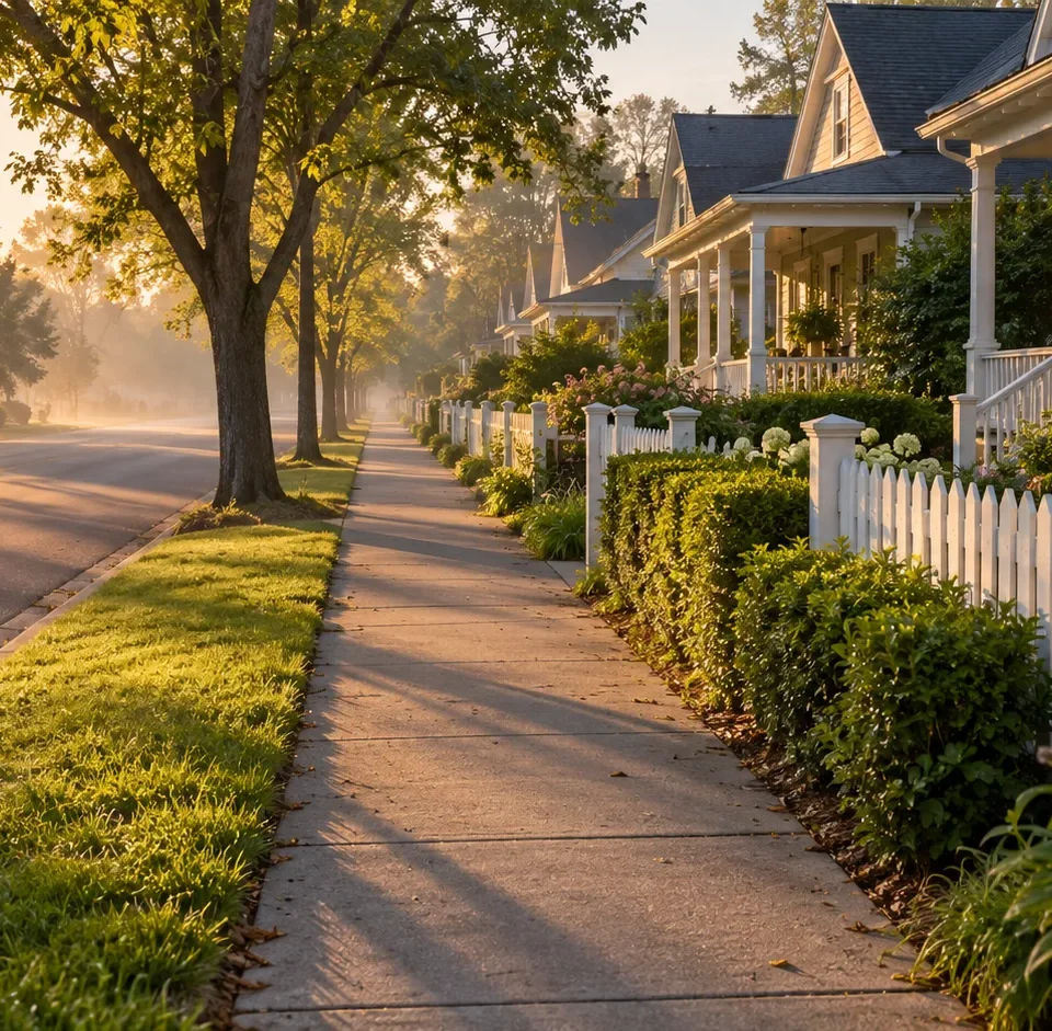 An Edgewood sidewalk in early morning light, with cottage porches behind low hedges and picket fences