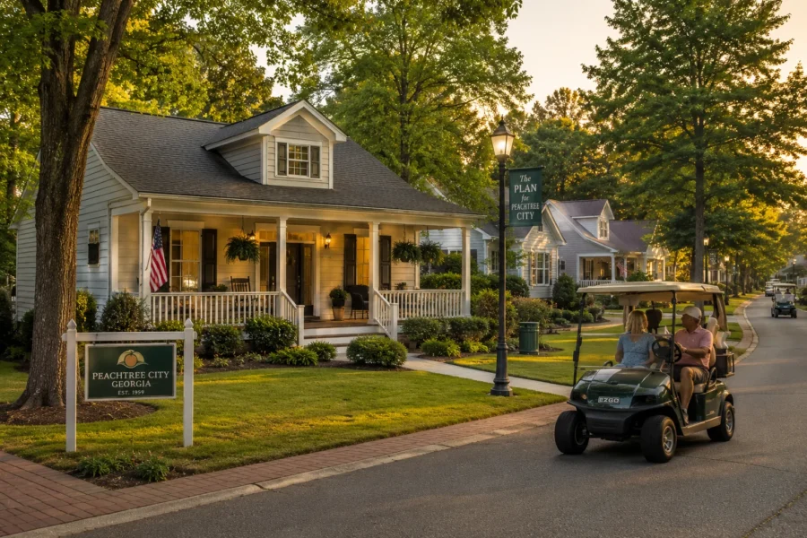 A neighbourhood street at dusk with porch lights on and a golf cart passing a monument sign