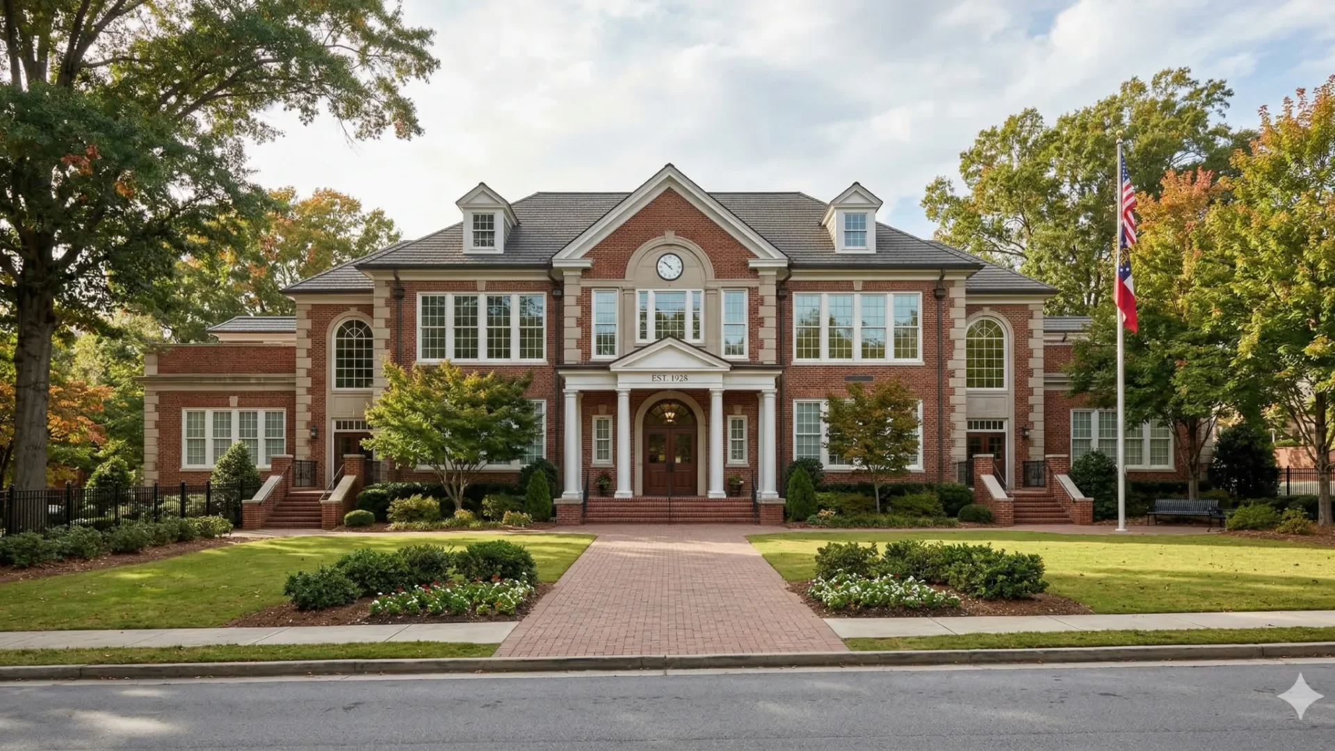 Red brick neoclassical house with white columns and a hedged front walk