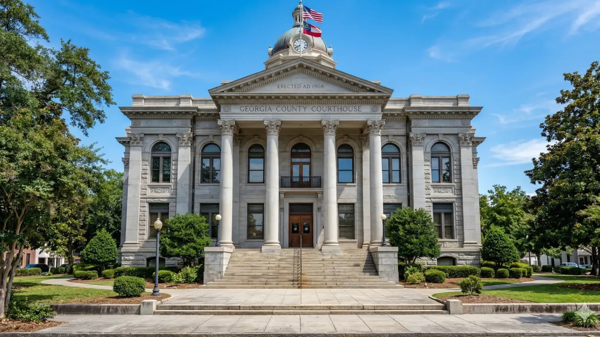A neoclassical county courthouse with columns and a flag