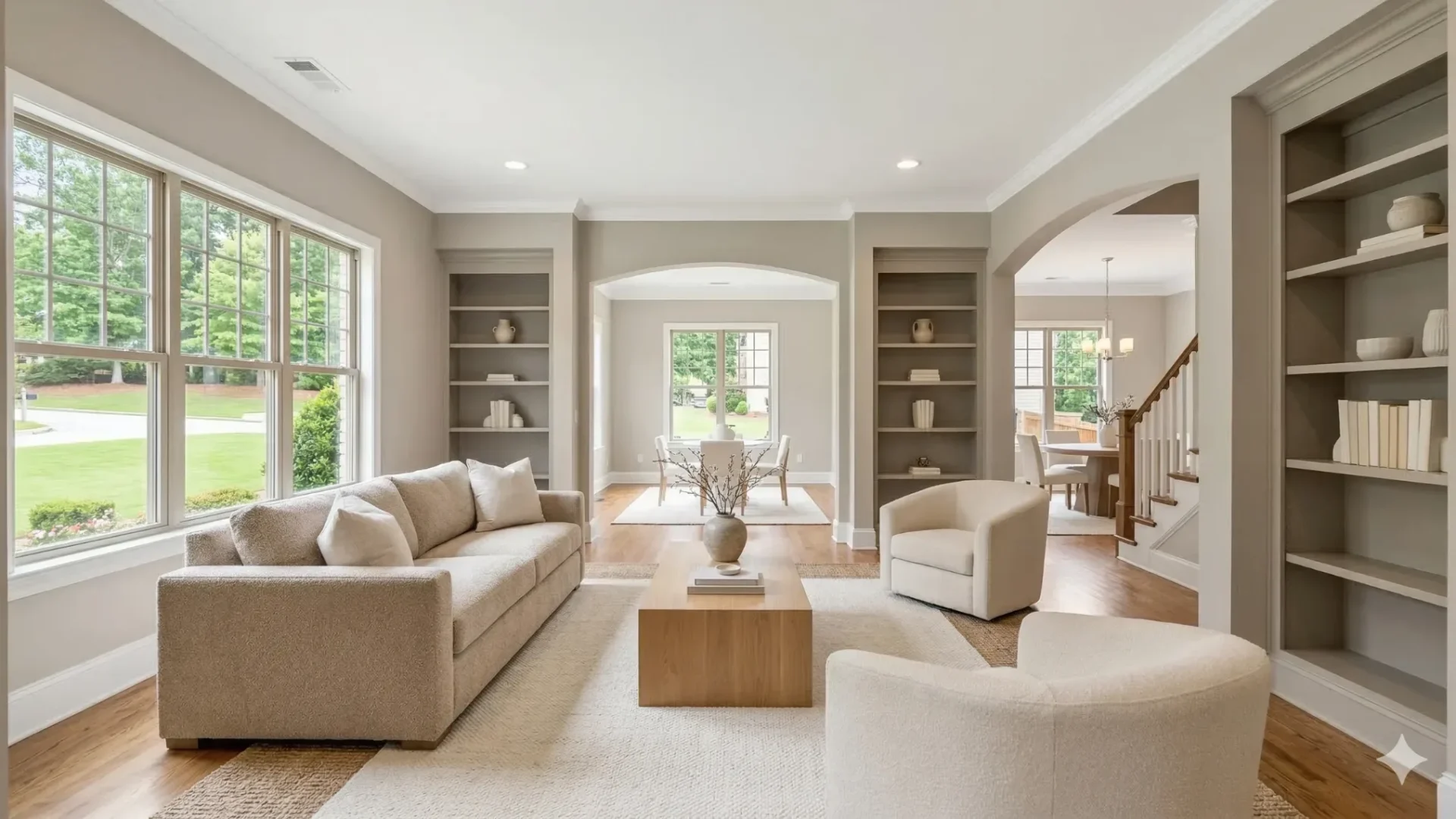 A neutral living room with built-in shelving and a view through to the dining room