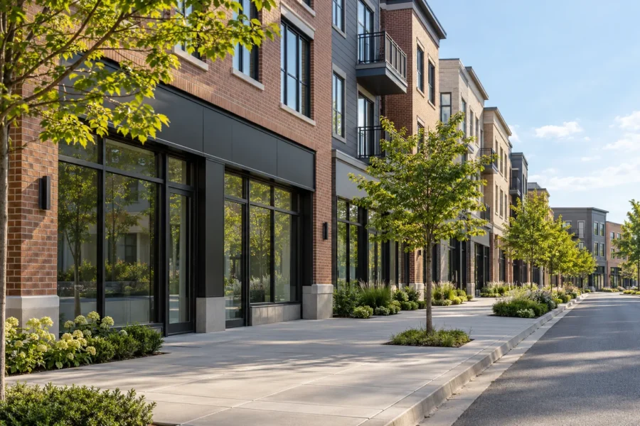 A new mixed use development street of low rise brick buildings with blank ground floor shopfronts, young street trees, planting beds and wide pavements in bright daylight
