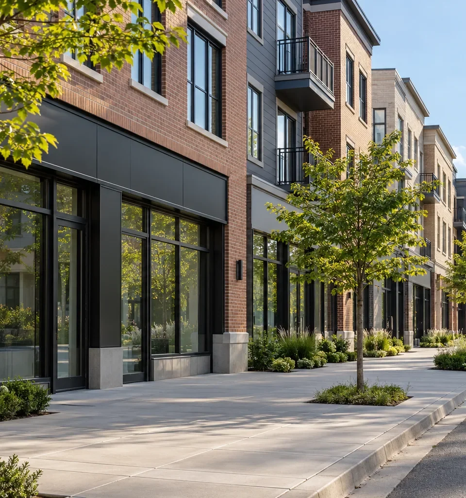 A new mixed use street of low rise brick buildings