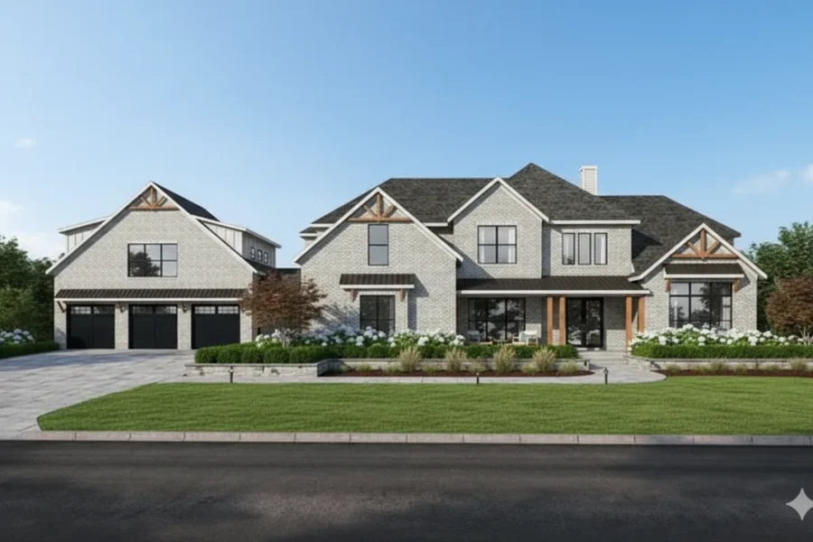 A new shingle-fronted house with a three-car garage and a fresh lawn
