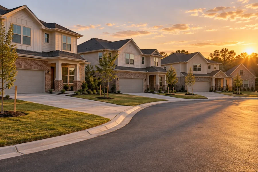 A curving suburban cul de sac of newly built two story houses with wide driveways and young saplings in fresh sod