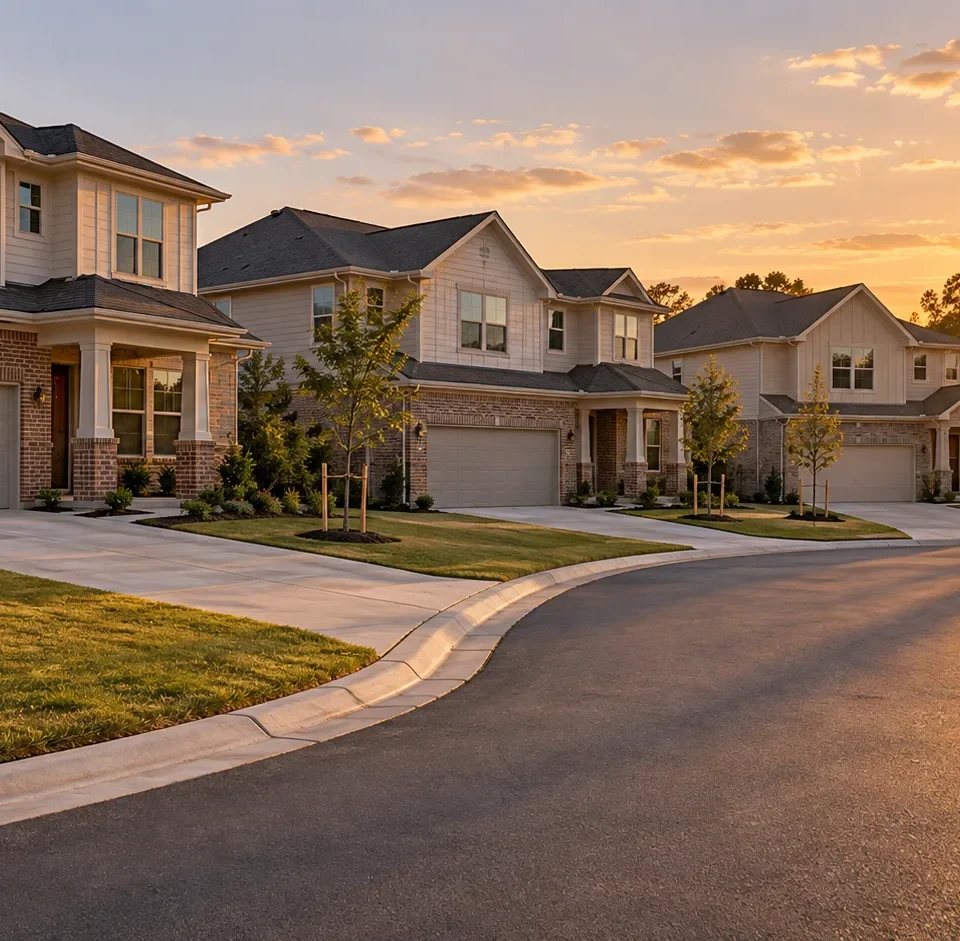 A curving suburban cul de sac of newer two story brick and siding homes