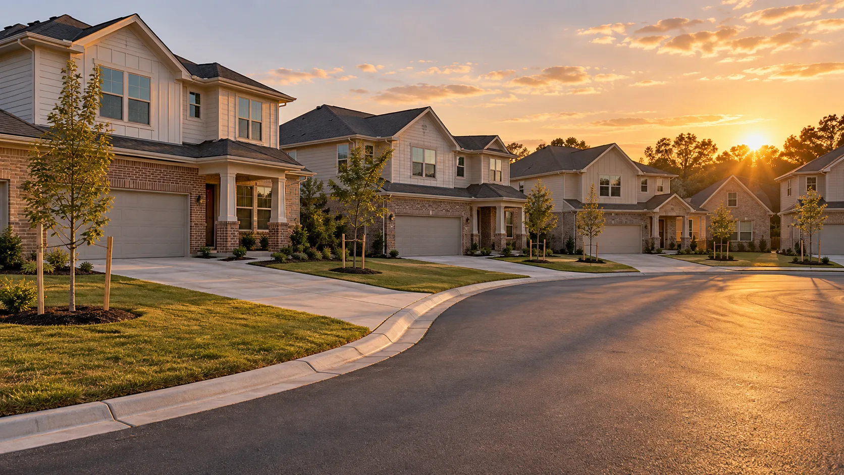 A curving suburban cul de sac of newly built two story houses with brick and siding elevations, wide driveways and young staked saplings in fresh sod, in golden hour light