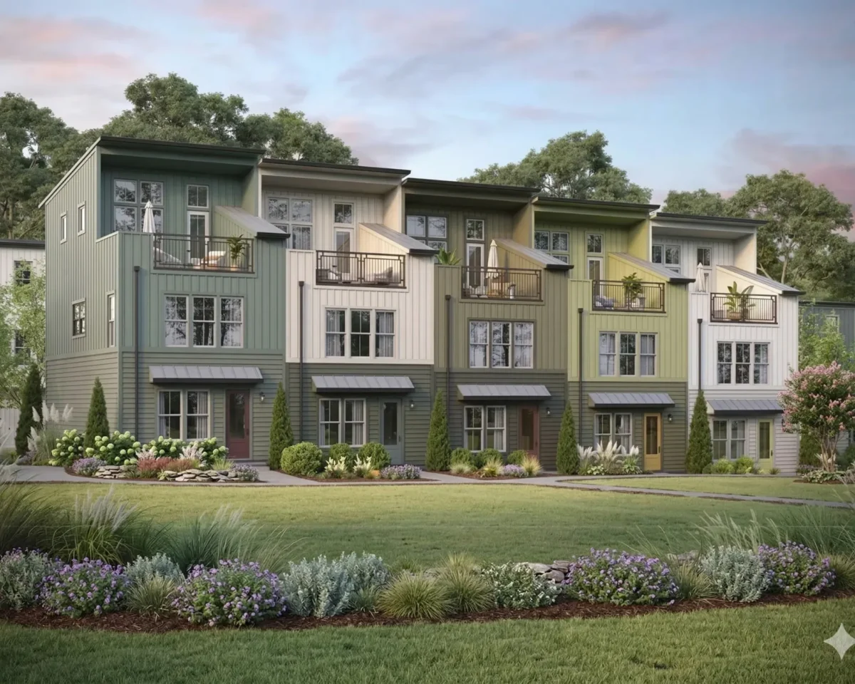 A row of new three-storey townhomes with balconies and planted beds