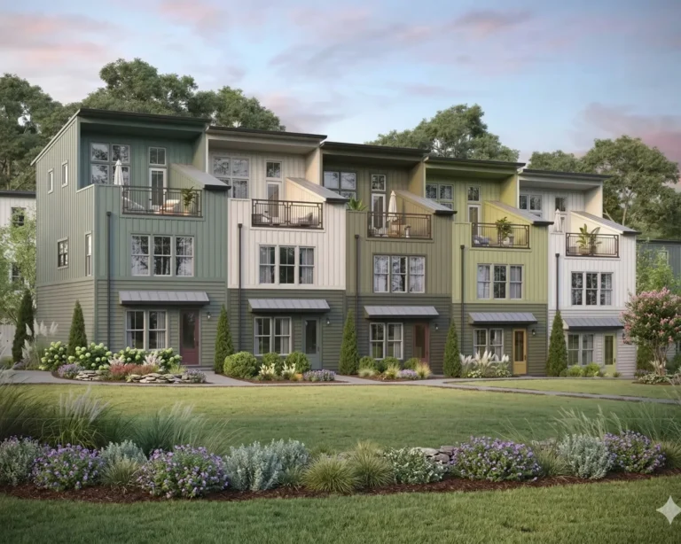 A row of new three-storey townhomes with balconies and planted beds