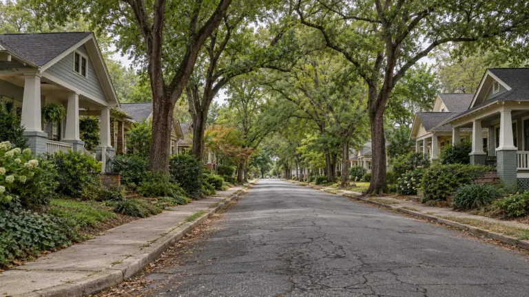 A narrow older residential street lined with early twentieth century wood frame cottages and small craftsman houses with deep front porches, under mature hardwoods in soft overcast light