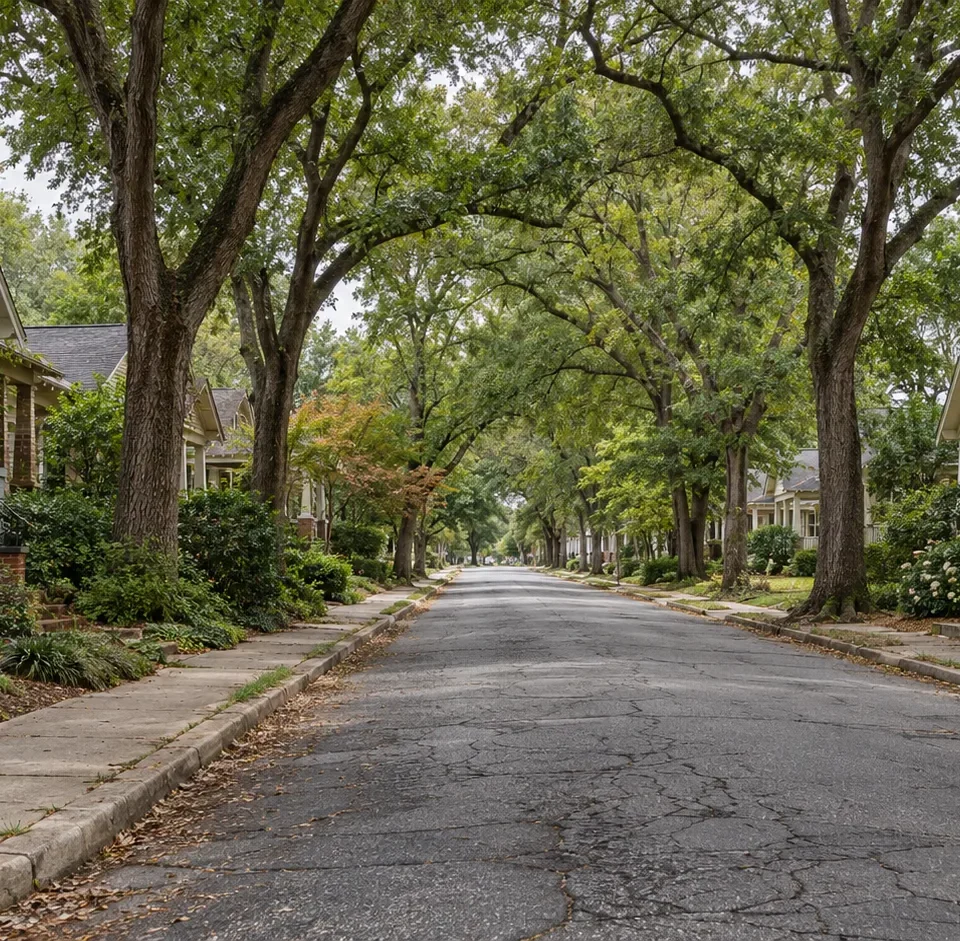 A narrow older residential street lined with wood frame houses
