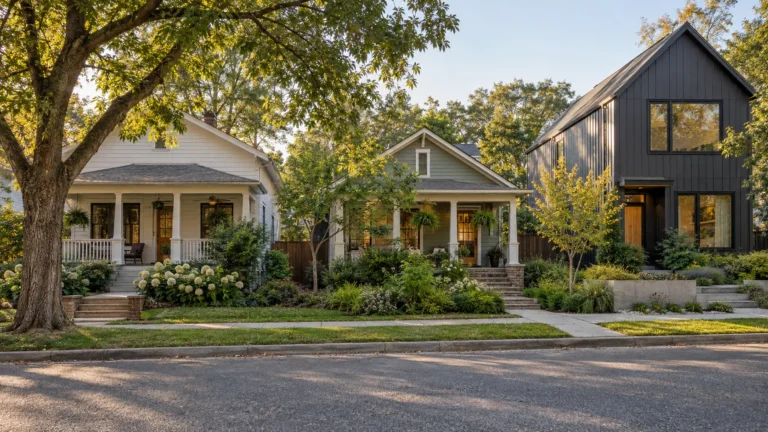 Two older single story cottages with deep front porches standing beside a newly finished modern infill house of dark board and batten with large square windows, along the same sidewalk in late afternoon light