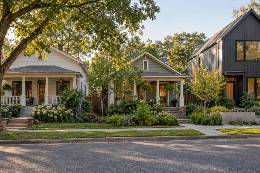 Two older single story cottages with deep front porches beside a newly built modern infill house on the same sidewalk