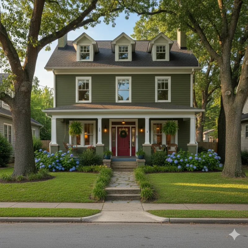 Olive green foursquare with dormers, a red door and hydrangeas