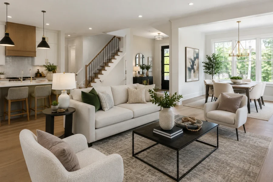 An open plan living room and kitchen with a pale sofa, a staircase and a dining area by tall windows