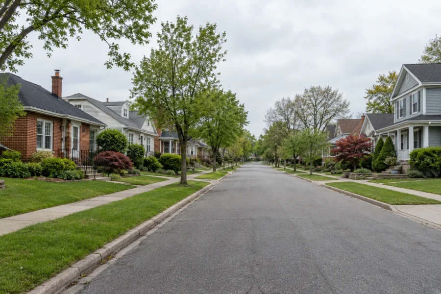 An ordinary residential street lined with a mix of newer and older houses under flat even daylight, with mature street trees and empty pavements